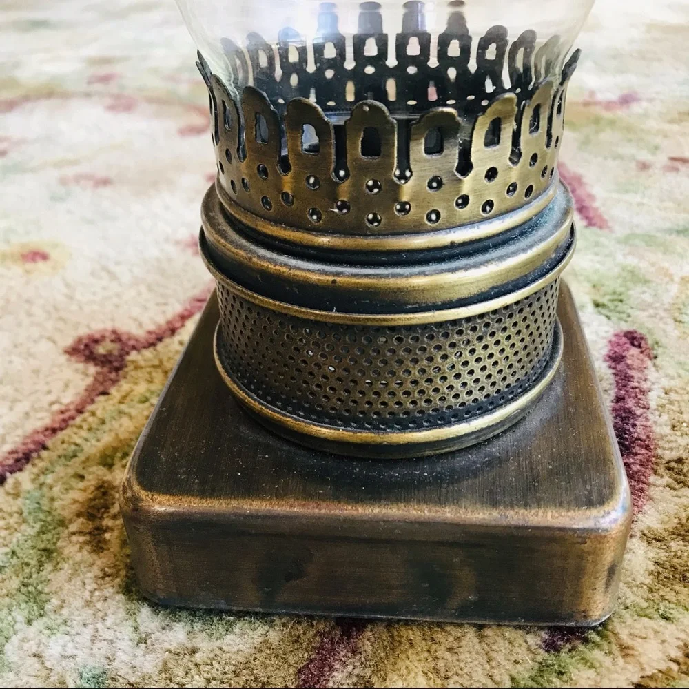 Brass Colored Candle Lamp 10 1/2” X 4 1/2” Etched Glass Shade